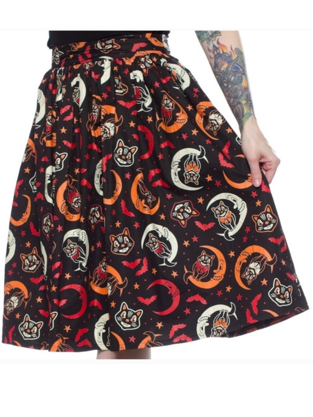 Sourpuss Black Halloween Cat & Moon Skater Skirt